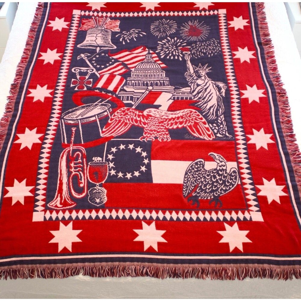 VTG USA Goodwin Weavers Cotton Throw Blanket Bicentennial America 250 47" x 68"